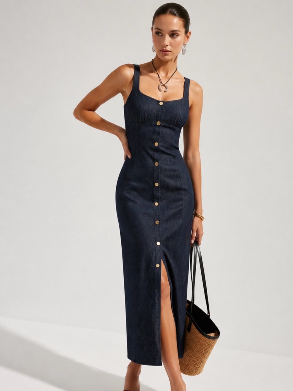 Sleeveless Denim Button-Front Midi Dress